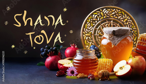 Generated imageRosh Hashanah greeting featuring honey jars, apples, and flowers symbolizing sweetness and blessings for the Jewish New Year.
 photo