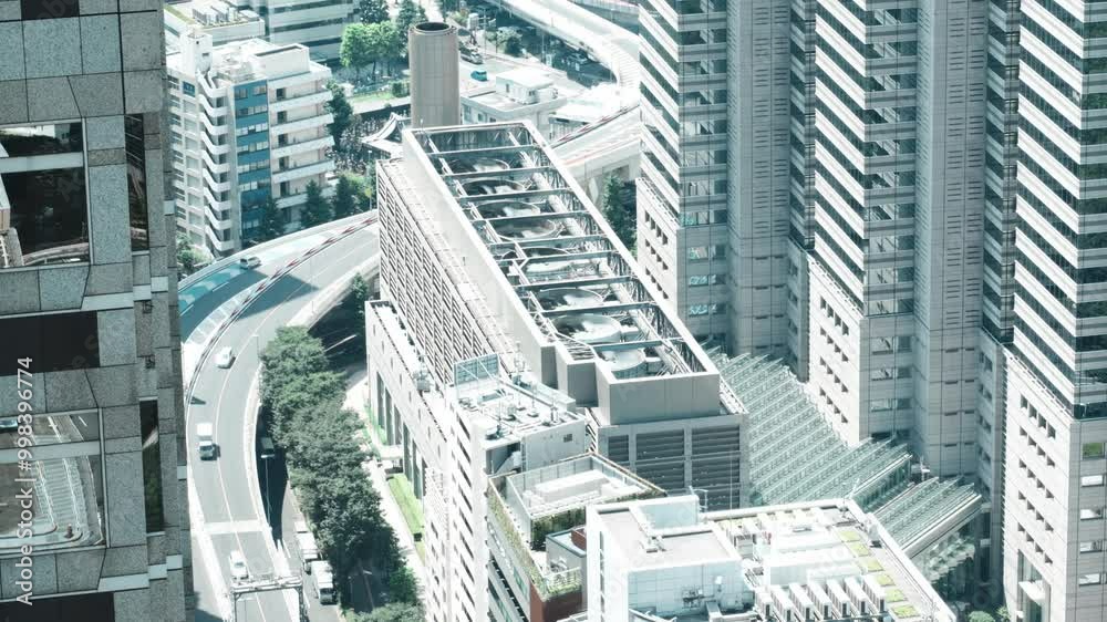 4k cinematic footage of a japanese highway and the ventilation systeme of a rooftop in Tokyo
