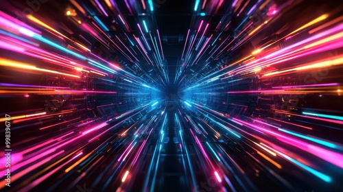 A dynamic burst of colorful lights creates a sense of speed and depth, resembling a futuristic digital landscape.