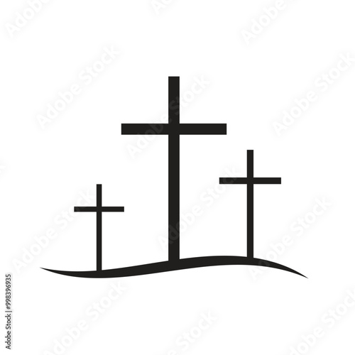 Silhouette of three crosses on a hill, symbol of a Christian holiday, vector illustration.