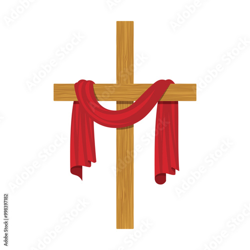 Illustration of a wooden cross with a red cloth thrown over the crossbar, Christian holiday symbol.