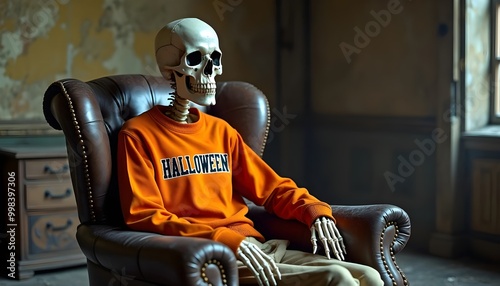 A skeleton sits comfortably on a vintage leather chair, draped in a bright orange sweater emblazoned with “Halloween” in a rustic, worn room. photo