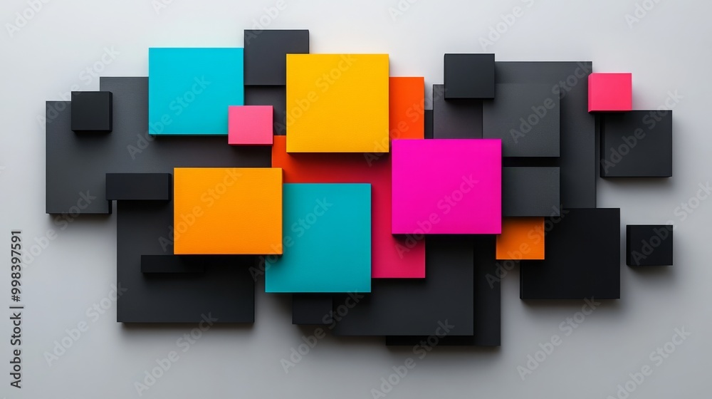 Colorful rectangle floating over black rectangles on a white background. Colorful rectangle floating over black rectangles on a white background.