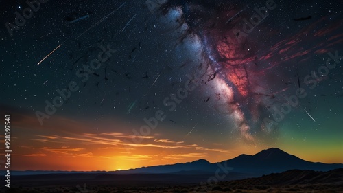 Milky Way galaxy over mountains with shooting stars. photo