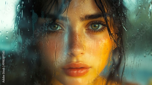 Woman Looking Through a Rainy Window: A Close-Up Portrait