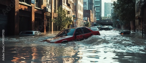 floods hit the city with sunken buildings and cars in the background