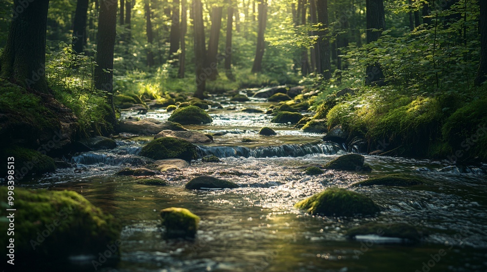 Fototapeta premium Sunbeams illuminate a flowing stream in a lush forest, the water sparkling over mossy rocks.