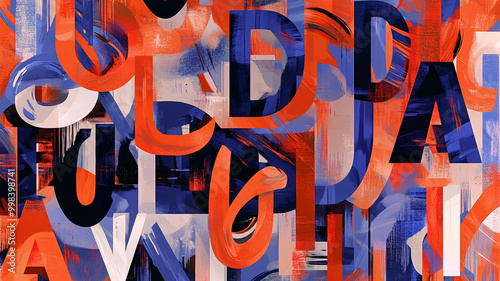 A vibrant abstract composition featuring overlapping letters in bold colors, creating a dynamic visual energy.