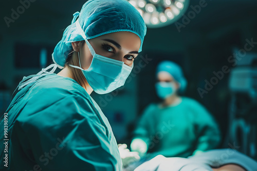 A doctor in scrubs and a surgical mask leaning over a patient in a sterile operating room, focused on their task, emphasizing hygiene and protection