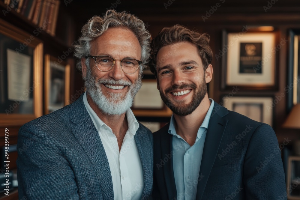A bearded father and his son, dressed in business attire, smile broadly together joyfully capturing a moment amidst accolades and achievements on office walls. A bearded father and his son, dressed in business attire, smile broadly together joyfully capturing a moment amidst accolades and achievements on office walls.