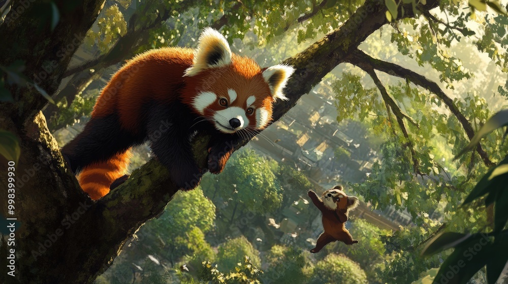 Red Panda Exhibit: Create a charming scene of red pandas climbing trees and playing, delighting visitors with their cuteness. Red Panda Exhibit: Create a charming scene of red pandas climbing trees and playing, delighting visitors with their cuteness.