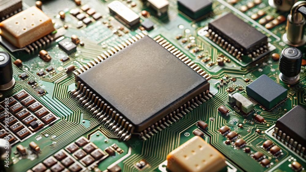 Close-up macro of a computer circuit board with microchips, resistors, and capacitors, showcasing the intricate details of modern electronic technology Close-up macro of a computer circuit board with microchips, resistors, and capacitors, showcasing the intricate details of modern electronic technology
