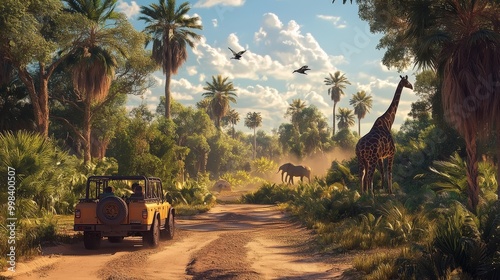 Fototapeta Naklejka Na Ścianę i Meble -  Safari Tour: Create a scene of a safari tour within the zoo, with visitors riding in open vehicles, observing exotic animals in naturalistic settings.