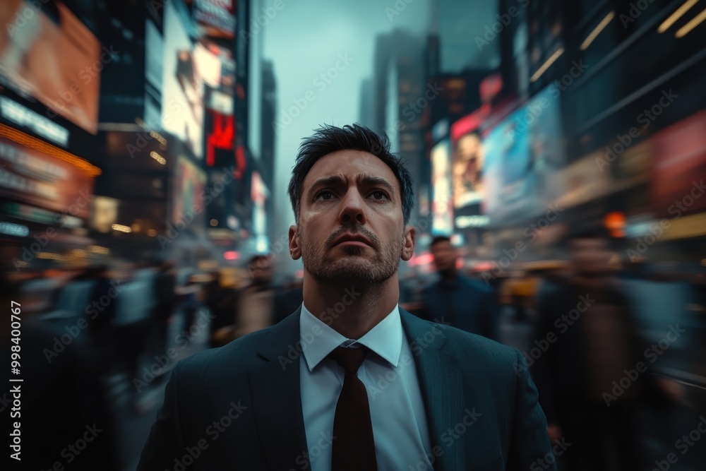 A focused man in a suit walks amidst a bustling city square filled with blurred figures, embodying determination and resilience amidst the chaos of urban life. A focused man in a suit walks amidst a bustling city square filled with blurred figures, embodying determination and resilience amidst the chaos of urban life.