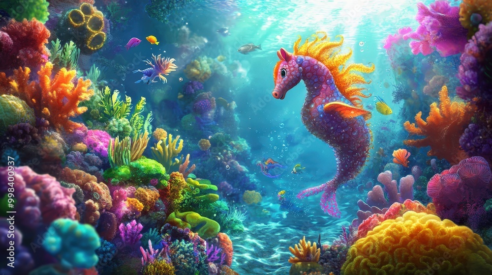 Sea Horse Adventure: Design a scene of a sea horse embarking on an adventurous journey through a colorful coral reef, encountering various sea creatures along the way. Sea Horse Adventure: Design a scene of a sea horse embarking on an adventurous journey through a colorful coral reef, encountering various sea creatures along the way.