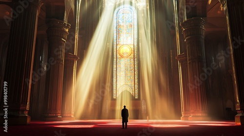 A mosque interior with golden arches and columns, bathed in sunlight. The walls have intricate geometric patterns photo