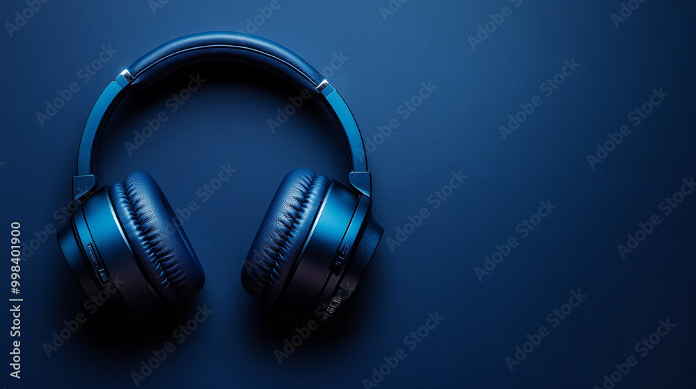 Black headphones on a dark background. Wireless digital device.