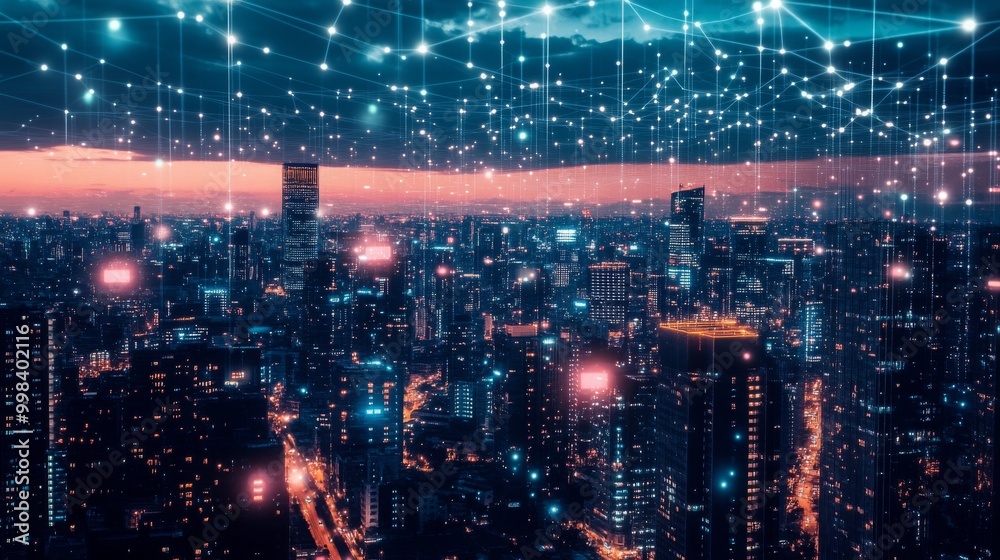 Pixelated smart city with connected lines, representing a city utilizing modern technological innovations. Pixelated smart city with connected lines, representing a city utilizing modern technological innovations.