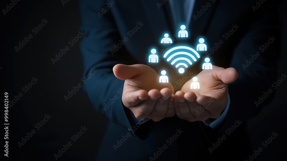 Businessman holding  Wi-Fi, user icons, people networking concept. digital image