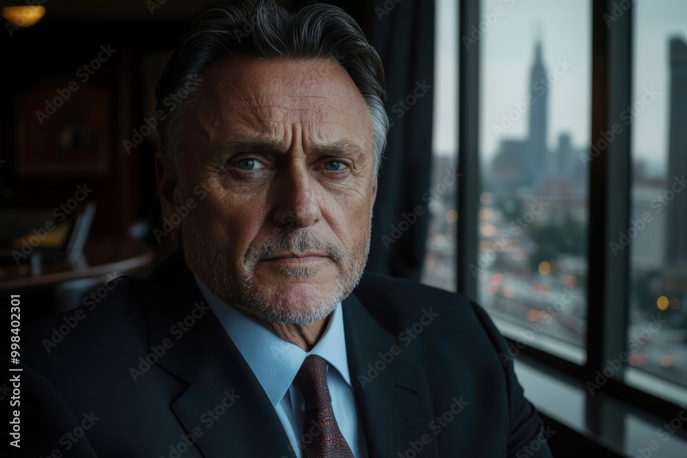 A middle-aged man confidently poses by a large window with a city view, dressed sharply in a suit; his serious demeanor suggests leadership and determination. A middle-aged man confidently poses by a large window with a city view, dressed sharply in a suit; his serious demeanor suggests leadership and determination.