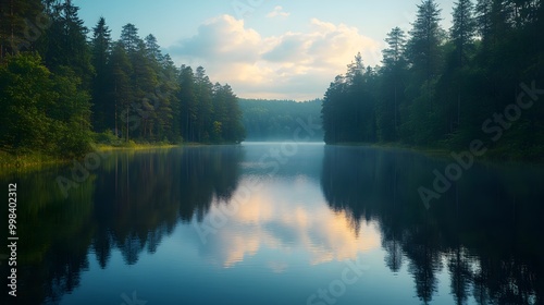 In the morning light a serene landscape unfolds, where the tranquil lake reflects the majestic mountains and their enchanting surroundings, creating a scene that feels both timeless and magical