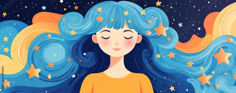 art of a cute girl with wavy voluminous blue hair and stars floating around against starry night background
