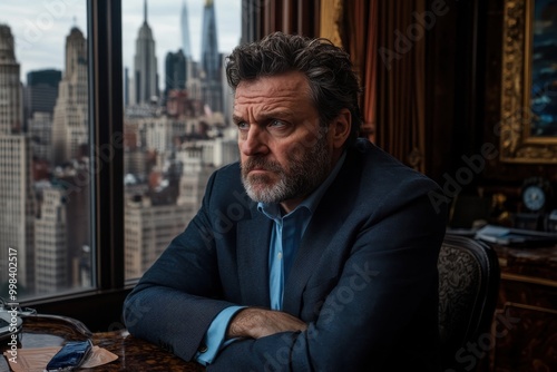 A man in a blue suit is seen leaning on a desk, looking thoughtfully out of a large window at an impressive urban city skyline, capturing the essence of power and ambition.