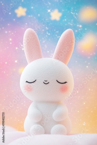 Cute white rabbit with eyes closed with gradient pastel starry background