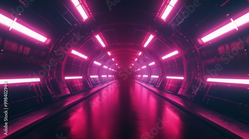 Sci-fi tunnel with neon glowing lines and reflections, a futuristic tech background with a dark center.