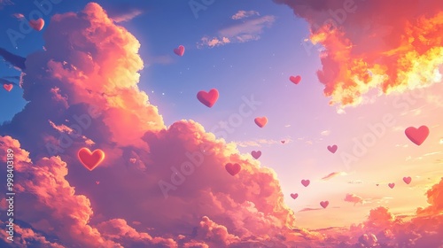 Sky of Hearts: Design a whimsical sky filled with multiple heart-shaped clouds, creating a playful and loving scene.