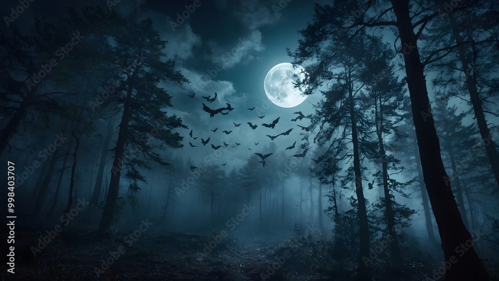 Mysterious Forest at Night With Full Moon Illuminating Bats Flying Through the Trees