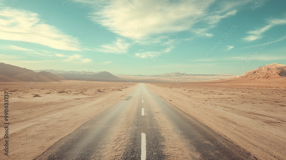 A desert road stretching into the distance under a clear blue sky with clouds, surrounded by arid landscape and mountains on the horizon A desert road stretching into the distance under a clear blue sky with clouds, surrounded by arid landscape and mountains on the horizon