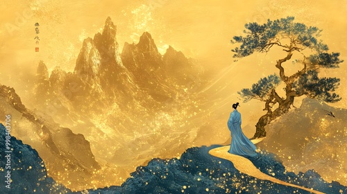 A golden mountain with an ancient Chinese statue of the sun goddess