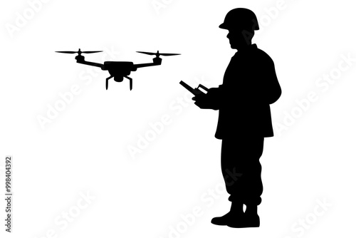  Military Operating a Drone by Remote Silhouette Vector Illustration