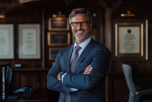 A business professional with glasses stands confidently with arms crossed in an elegant office, surrounded by framed achievements, projecting success and determination. photo