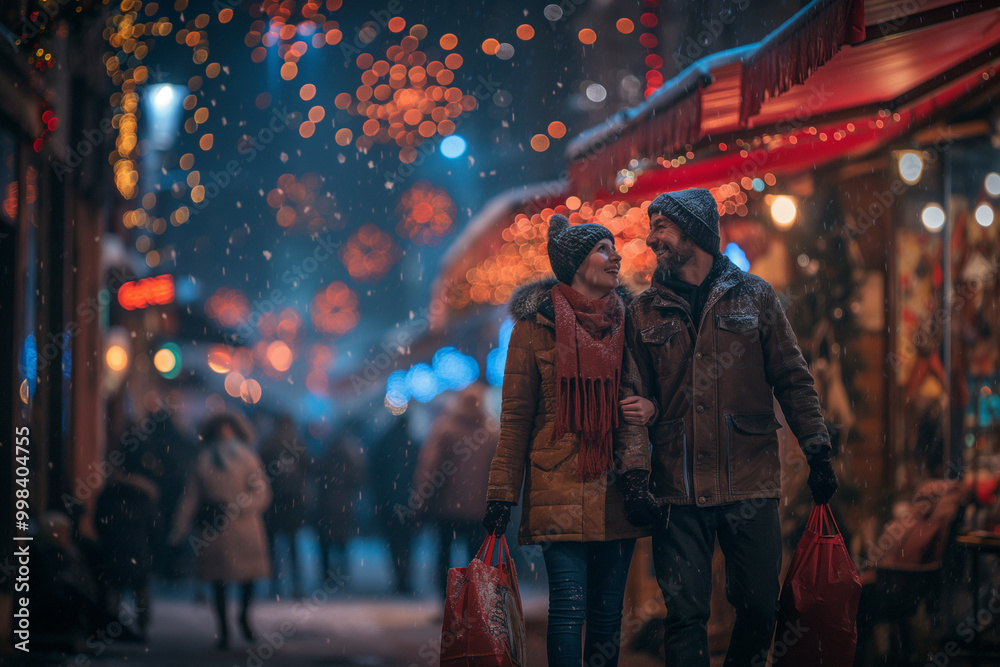 Fototapeta premium Couple Walking Through a Festive Christmas Market