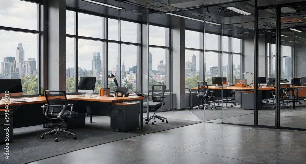 A large open office space with a view of the city A large open office space with a view of the city