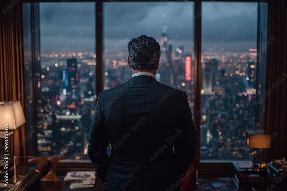 A businessman in a dark suit stands in front of a large office window, gazing at the brightly illuminated city skyline at dusk, embodying ambition and contemplation in an urban setting. A businessman in a dark suit stands in front of a large office window, gazing at the brightly illuminated city skyline at dusk, embodying ambition and contemplation in an urban setting.
