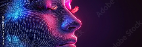 This vibrant digital face features an intricate design with colored neon pixel patterns, highlighting the blend of human digital creativity and advanced technological aesthetics.