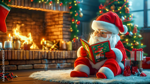 Funny cartoon Santa Claus is reading a Christmas children's book sitting on the floor in the living room near the Christmas tree and fireplace. The concept of Christmas and New Year photo