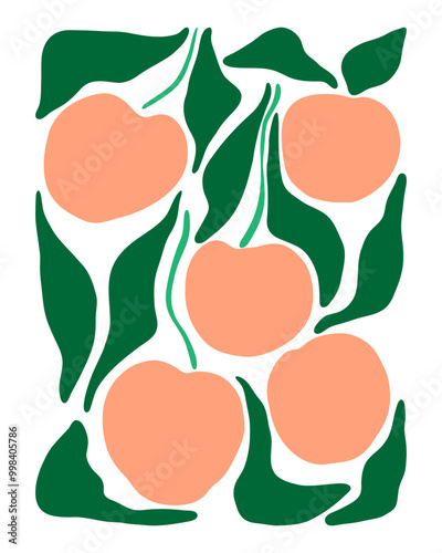 A drawing of five oranges with green leaves. The drawing is abstract and has a playful, whimsical feel to it