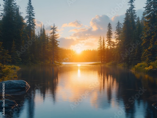 In the morning light a serene landscape unfolds, where the tranquil lake reflects the majestic mountains and their enchanting surroundings, creating a scene that feels both timeless and magical