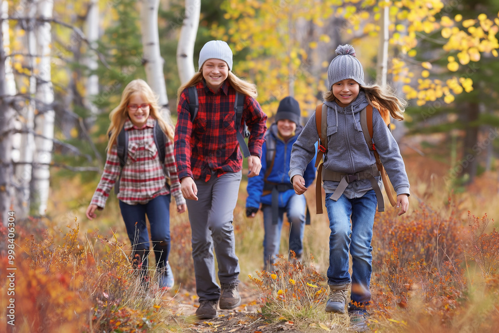 Group of children hiking on a forest trail during autumn Group of children hiking on a forest trail during autumn
