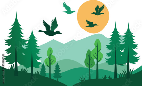 Ducks Gliding Over River Through Forest and Mountain Vector Image
