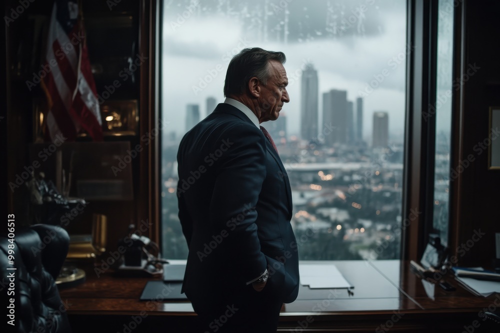 Fototapeta premium A manager in a sleek office, set against a rainy city background, contemplates the urban environment, evoking themes of introspection, solitude, and ambition.