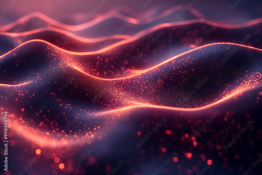 Abstract red and pink wavy lines with glowing bokeh effect