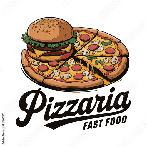 Cartoon Color Pizzeria Label Badge Sign Set Concept Flat Design Style. Vector illustration of Pizza Sticker