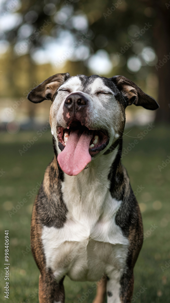  Happy Mixed Breed Dog Panting Joyfully in Sunlit Green Park Setting