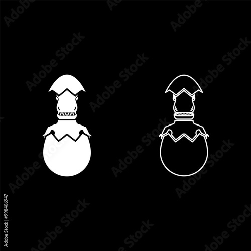 Evil dinosaur hatch from egg cracked eggshell set icon white color vector illustration image solid fill outline contour line thin flat style