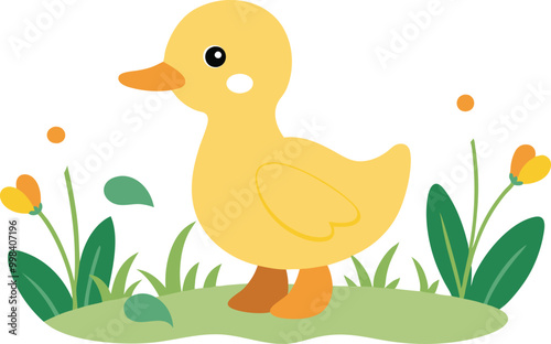 Duckling by the Muddy Shore with Small Plants Vector Illustration